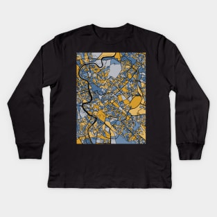 Rome Map Pattern in Blue & Gold Kids Long Sleeve T-Shirt